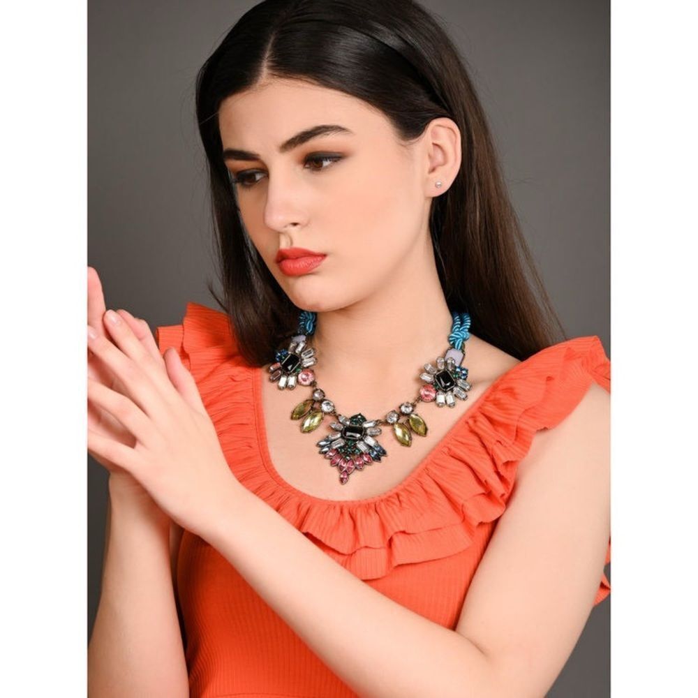 H&M Rhinestone Blue Multicolour Rhinestone Studded Rope Necklace Spring - Picture 13 of 13